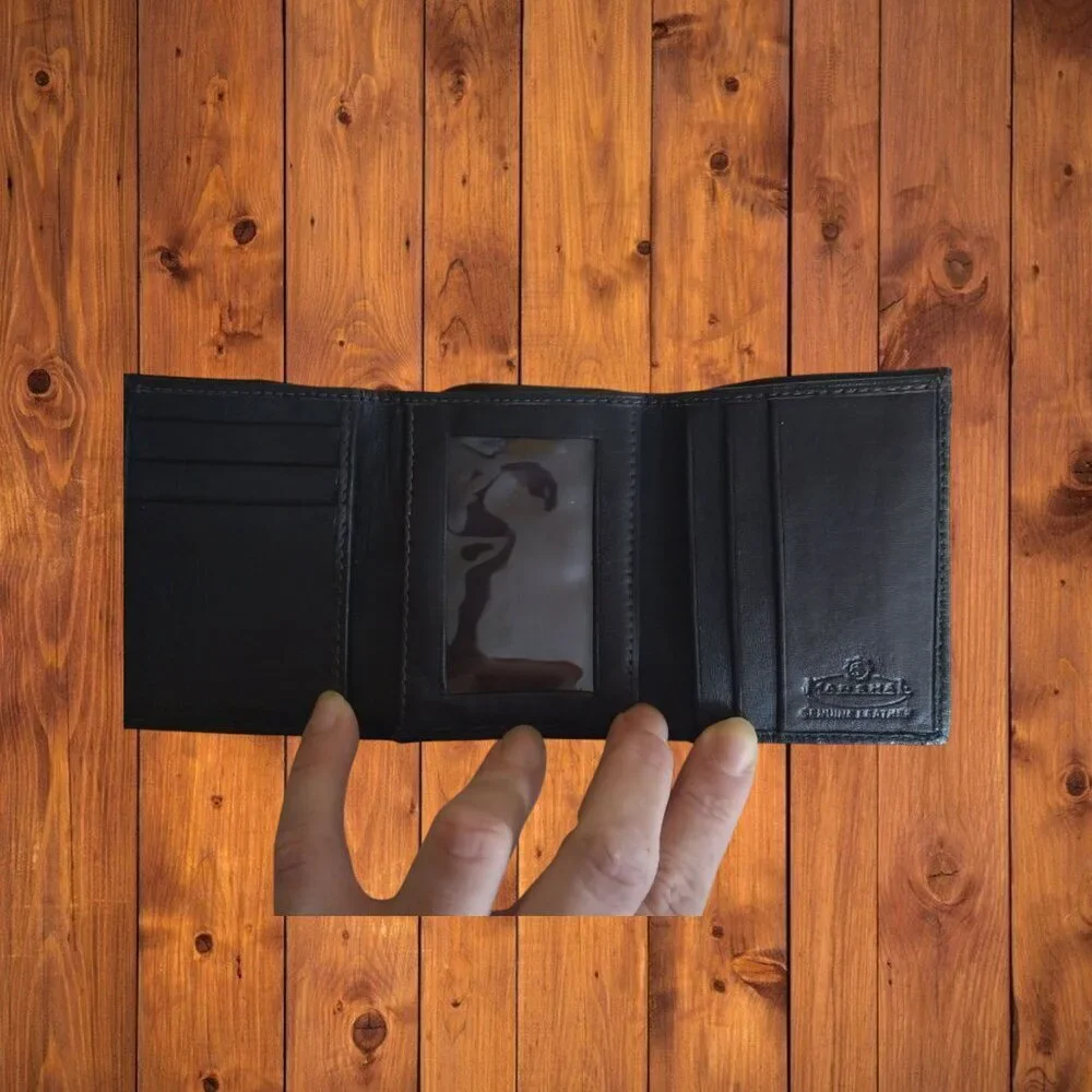 MARSHAL Genuine Leather Men's Black Trifold Wallet Credit Card Slots Folding